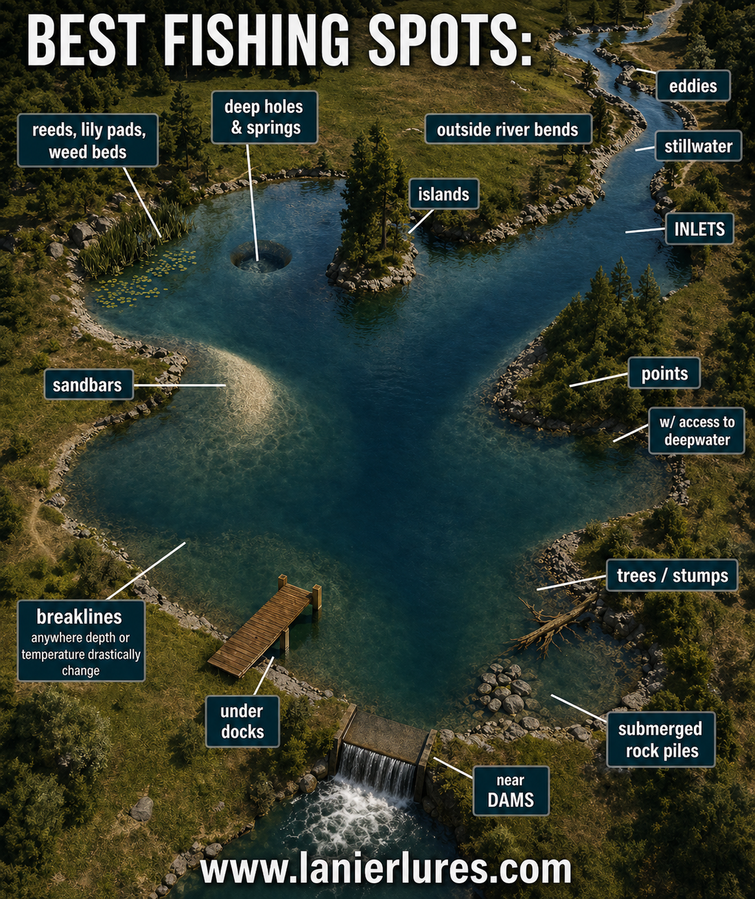 Aerial infographic showing the best fishing spots including reeds, deep holes, points, docks, dams, and more from Lanier Lures.