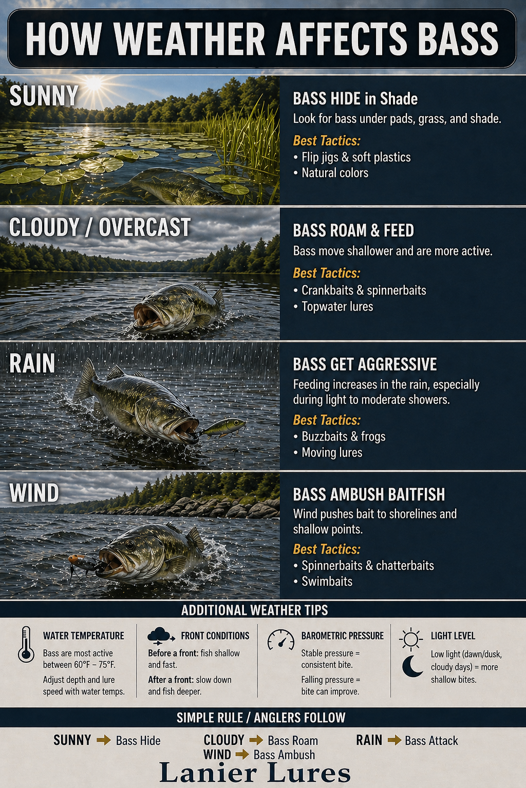 Infographic showing how weather conditions — sunny, cloudy, rain, and wind — affect bass fishing behavior and tactics