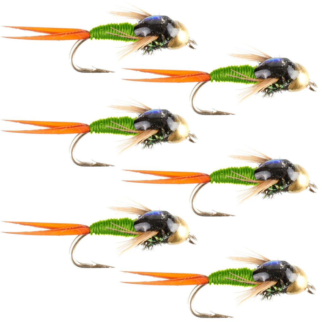 Tungsten Bead Chartreuse Copper John Nymph Fly Fishing Flies - Set of 6 Flies Size 18