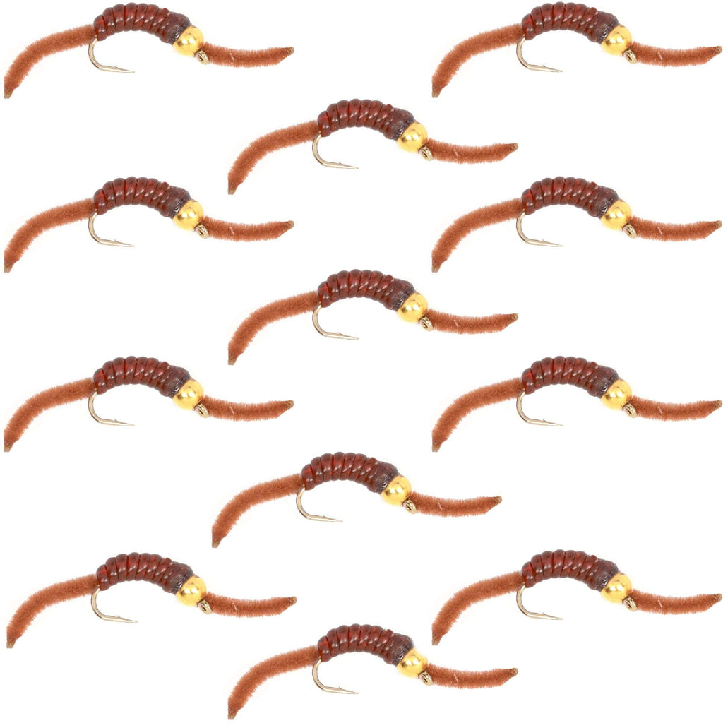 Barbless Tungsten San Juan Bead Power Worm Brown 12 Flies Size 12