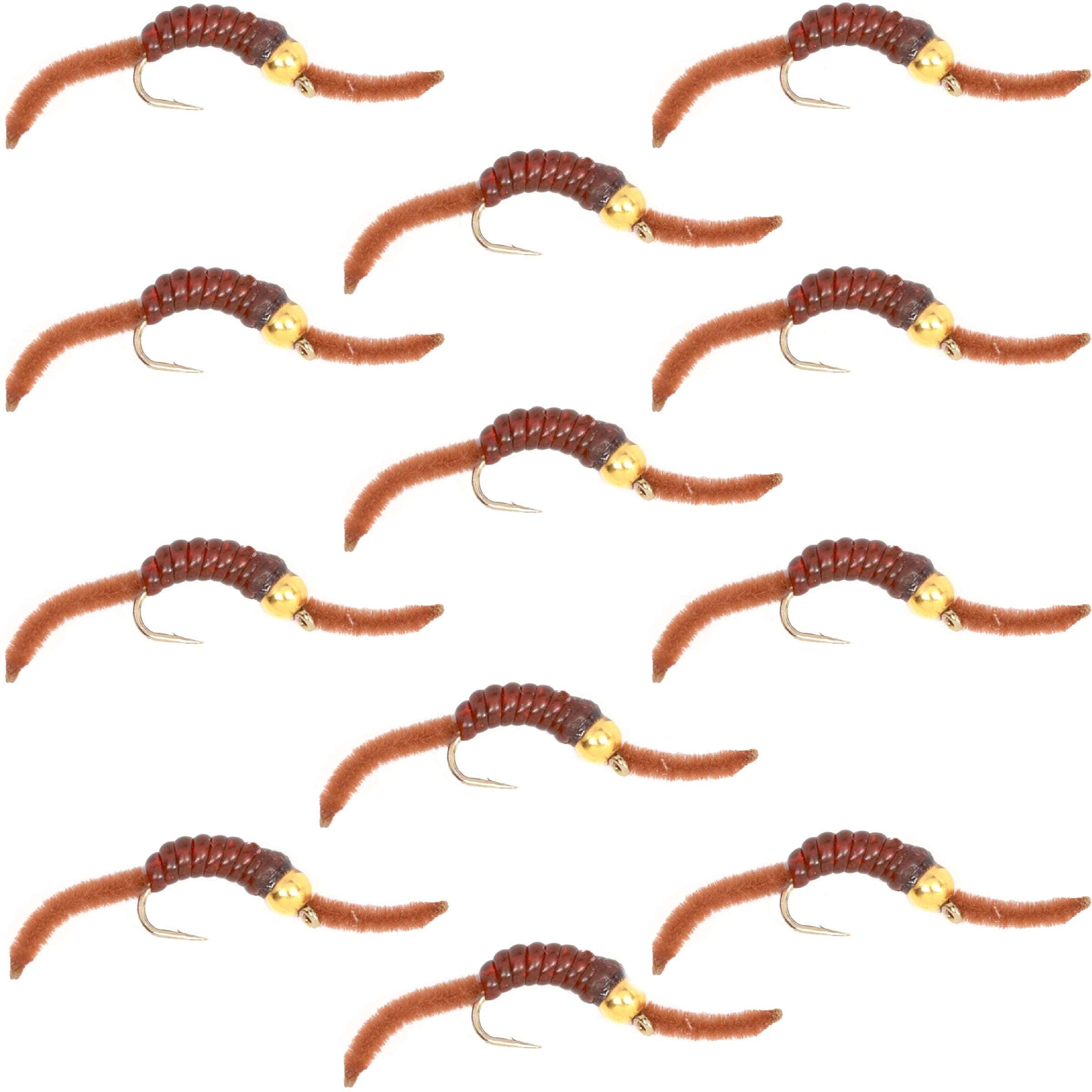 Barbless Tungsten San Juan Bead Power Worm Brown 12 Flies Size 12