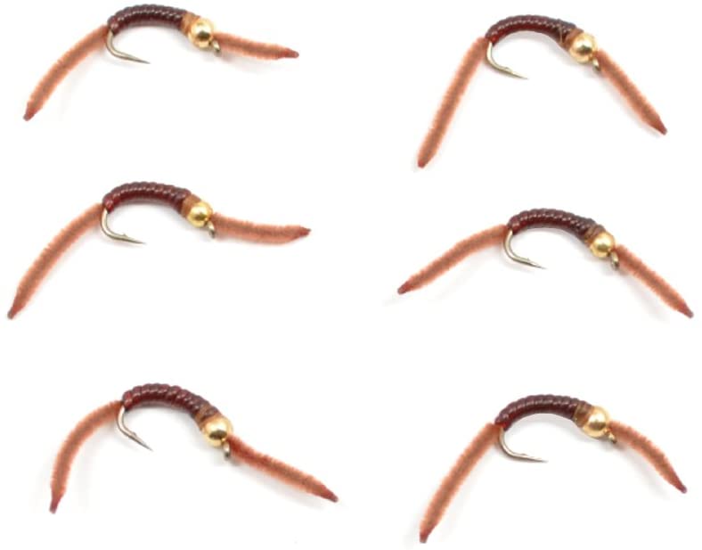 Barbless Tungsten San Juan Bead Power Worm Brown 6 Flies Size 10