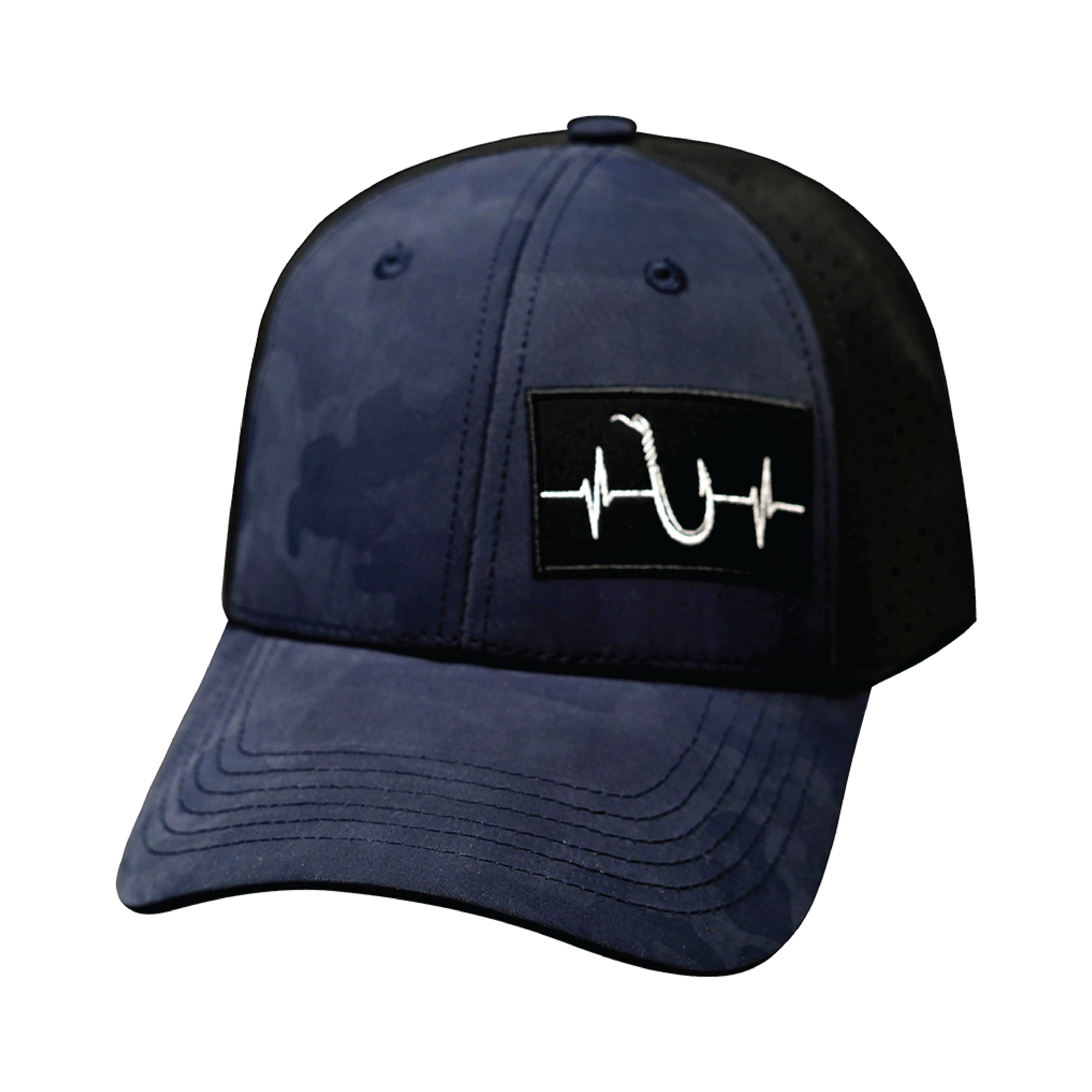 Fishing Hat - Low Profile - Ponytail - Soft Navy Camo / Black - Laser Mesh