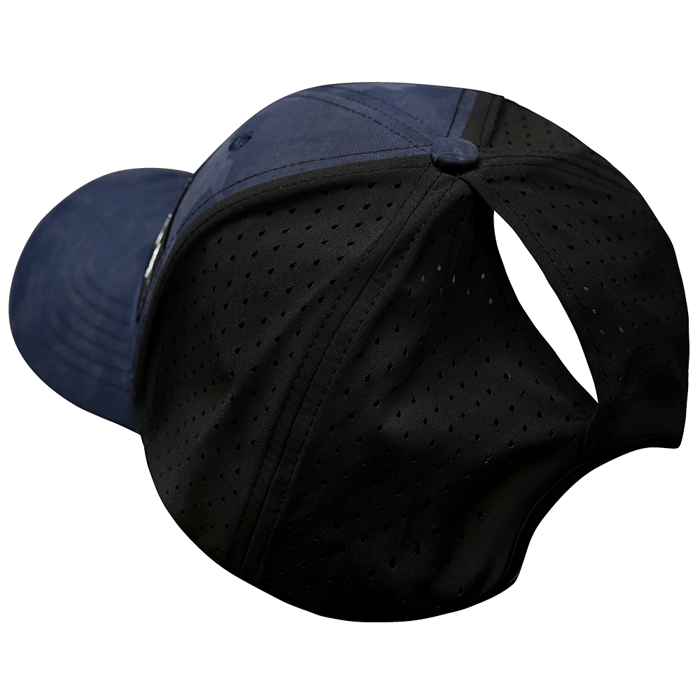Fishing Hat - Low Profile - Ponytail - Soft Navy Camo / Black - Laser Mesh